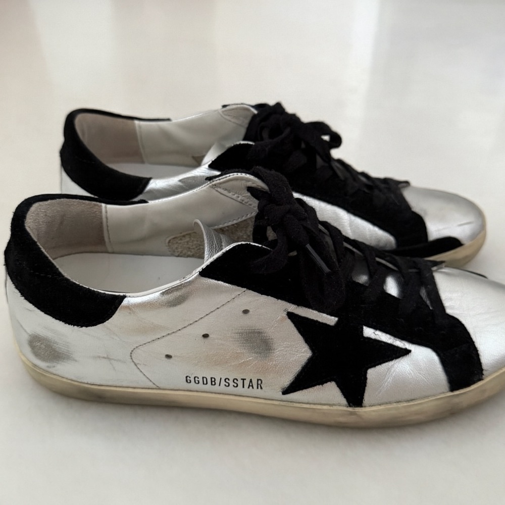 Golden Goose Metallic Silver and Black Sneakers